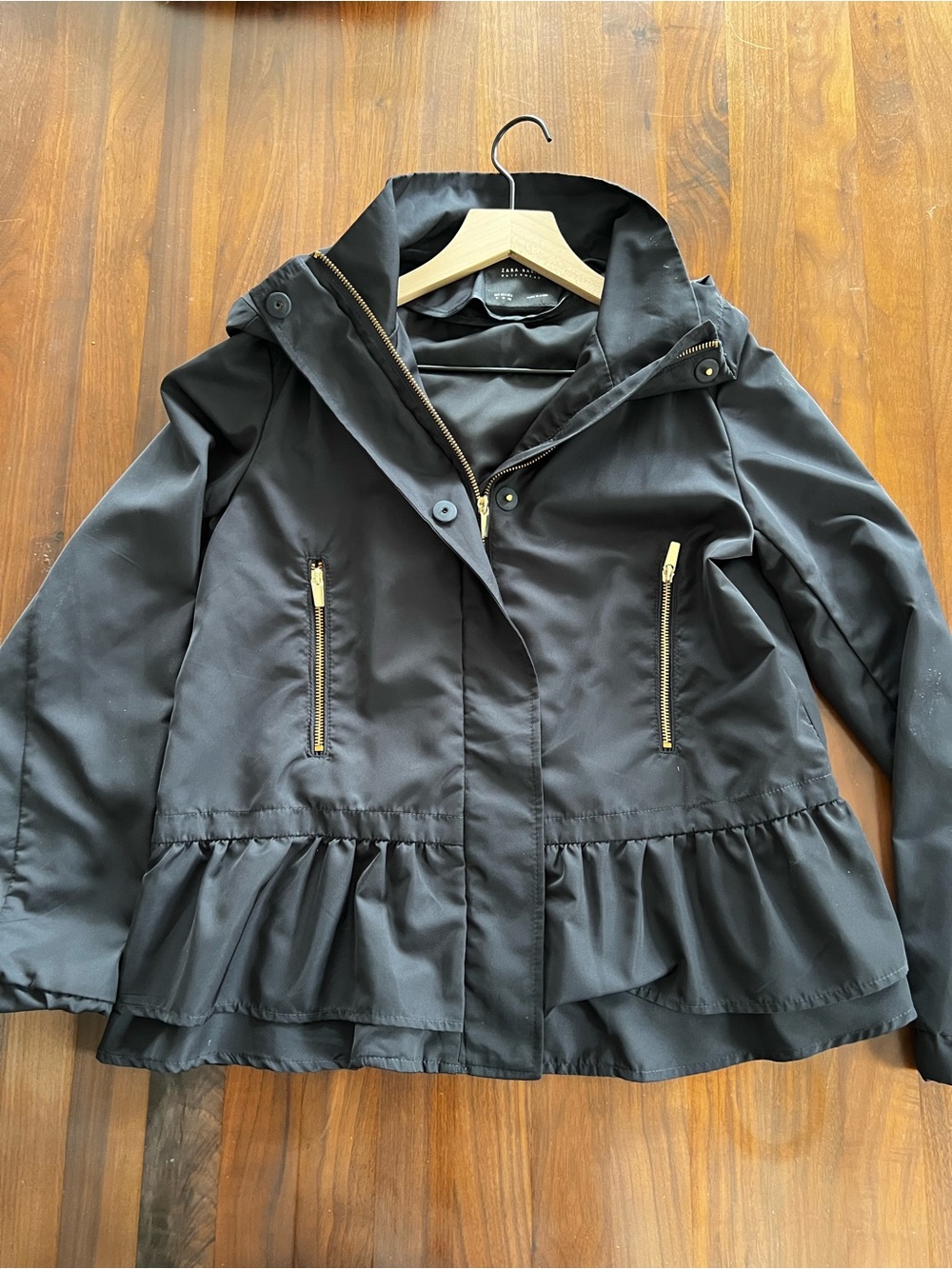 Zara Navy Blue Peplum Hooded Rainjacket with Gold Zippers